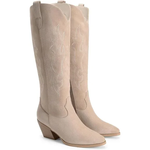 Women's Nude Western Cowgirl Boots Knee High Pointed Toe Chunky Block Heel - Picture 8 of 9